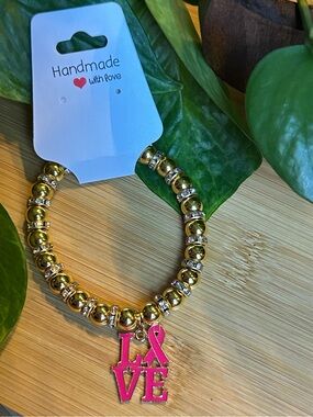🎀 Breast Cancer Awareness Stretchy Beaded Bracelet | Handmade | Dangle Charm 🎀